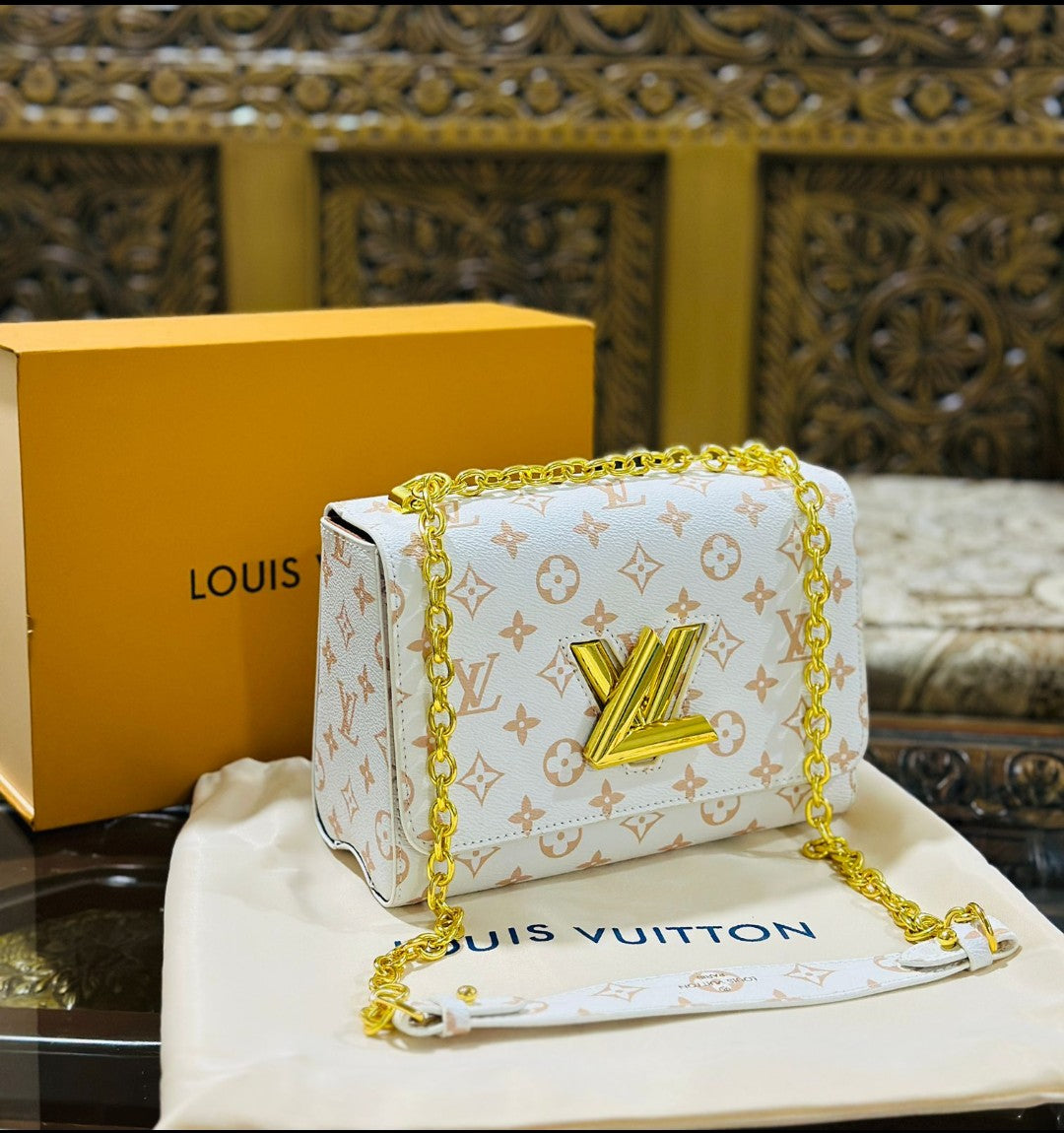 Louis Vuitton New Logo Edition Women's Crossbody Bag with Stylish Long Chain (White 2)