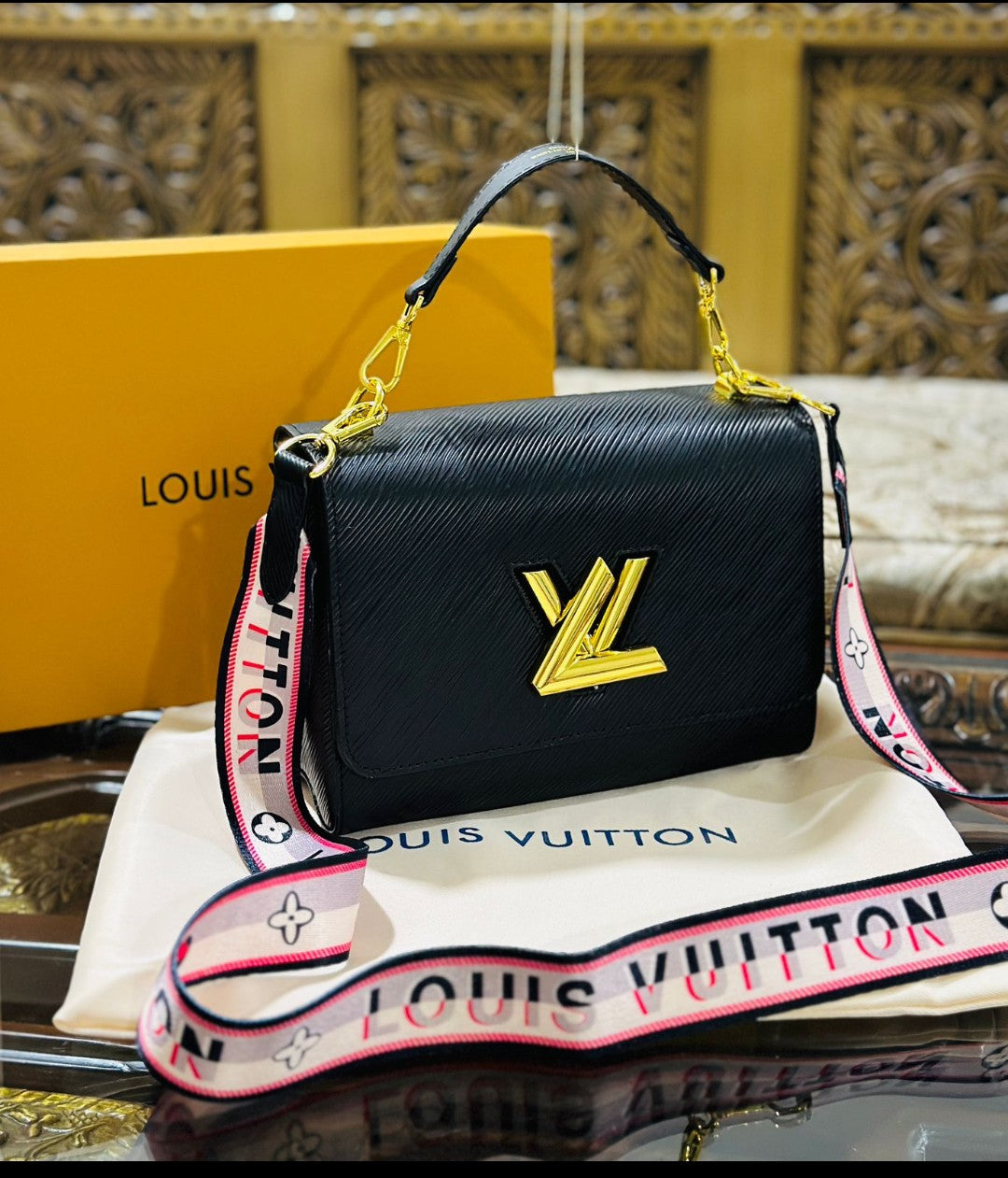 Louis Vuitton New Logo Edition Women's Crossbody Bag with Stylish Long Chain (Black 2)