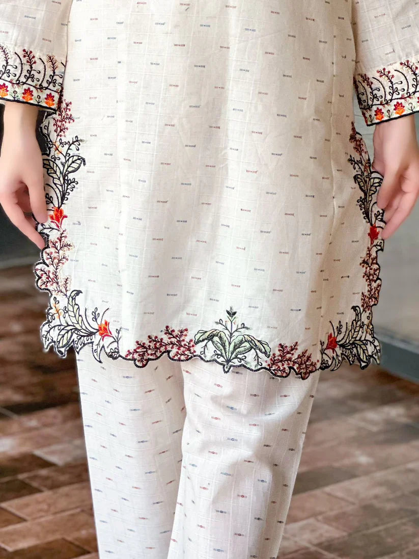 " MAVI " 2Pcs Stitched Embroidered Dress (White)