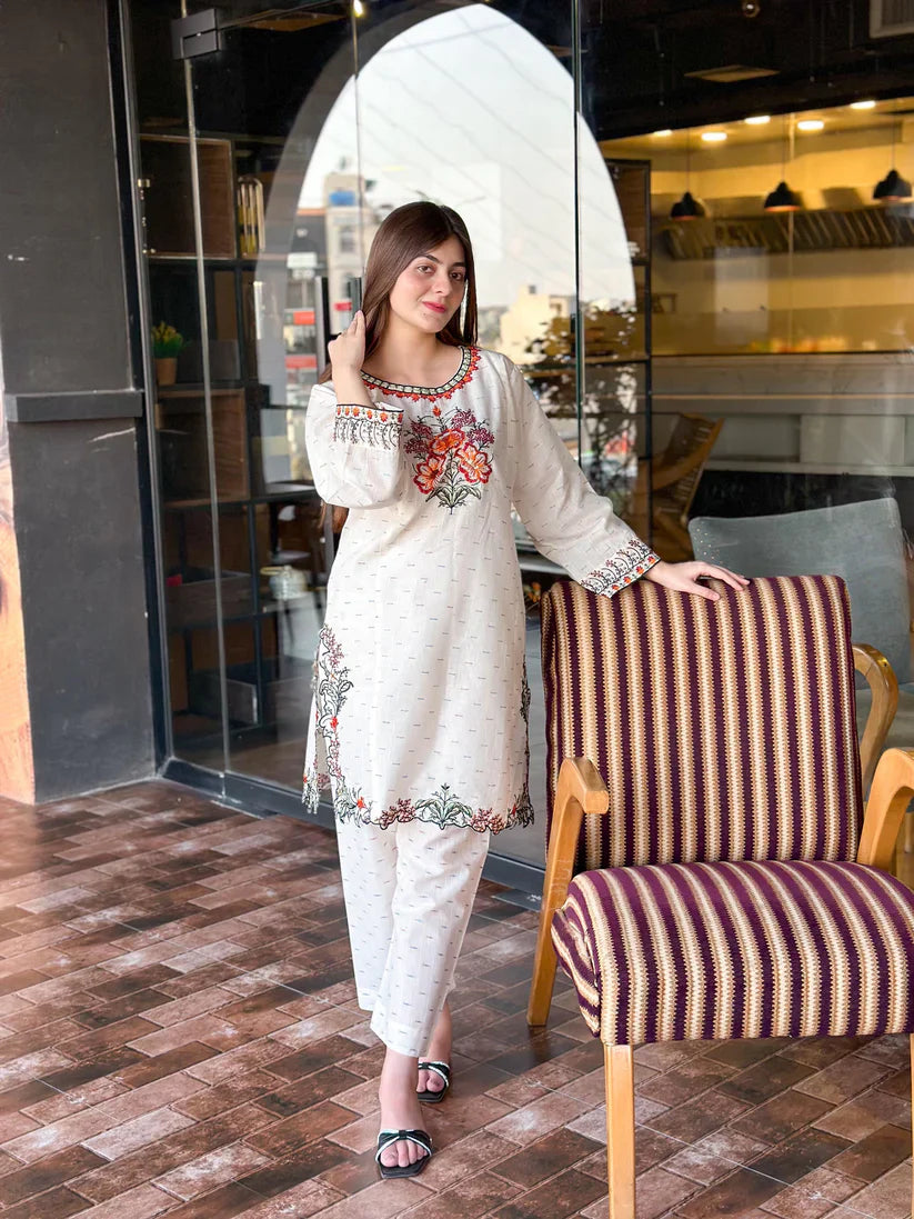 " MAVI " 2Pcs Stitched Embroidered Dress (White)