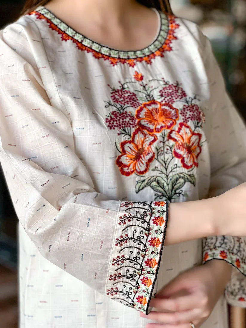 " MAVI " 2Pcs Stitched Embroidered Dress (White)