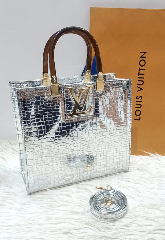 Louis Vuitton Luxury Women's Tote Bag - Stylish Zip Closure with Long Belt (Silver)