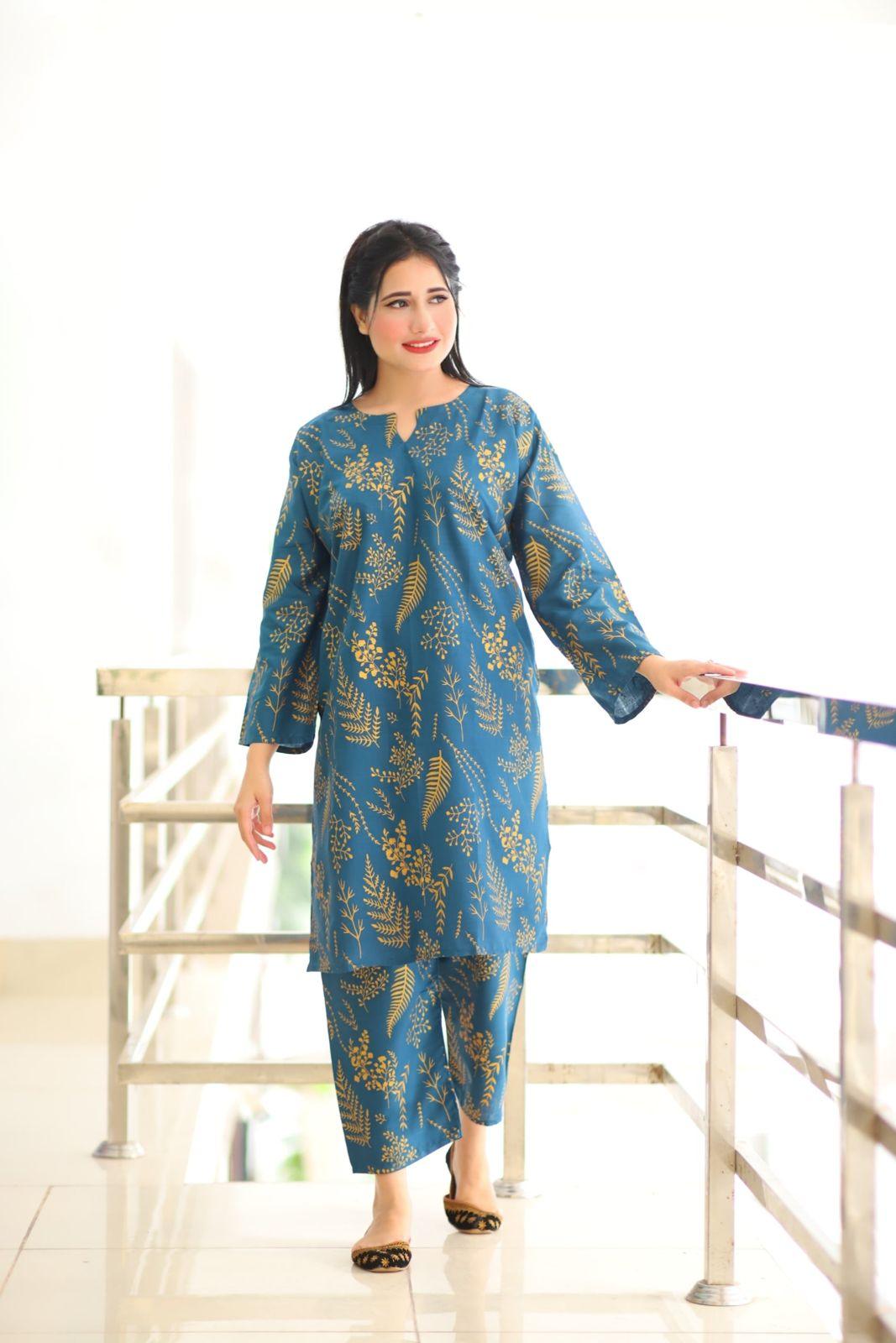 Floral Leaf Print 2Pcs Stitched (Blue)