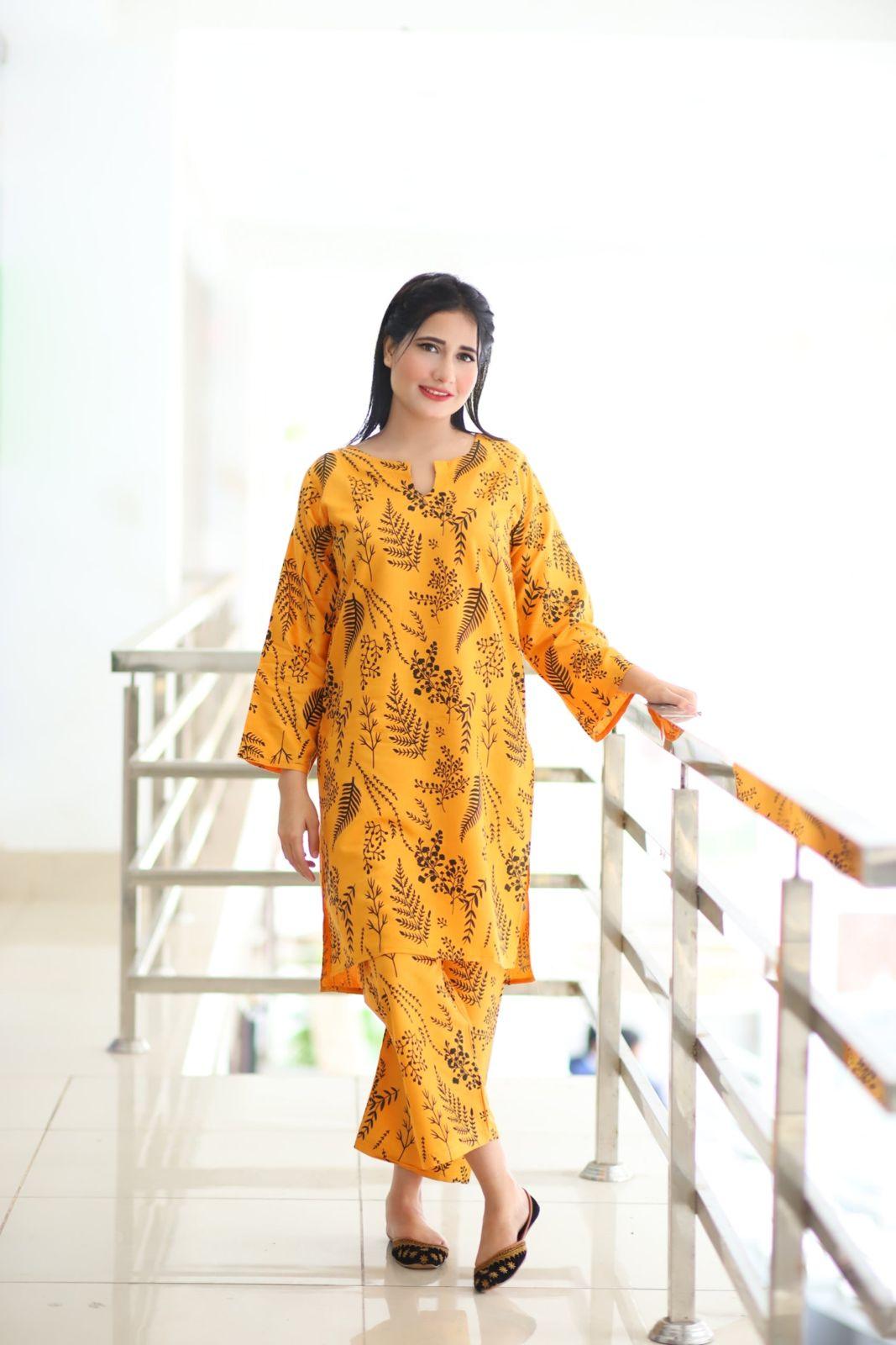 Floral Leaf Print 2Pcs Stitched (Yellow)