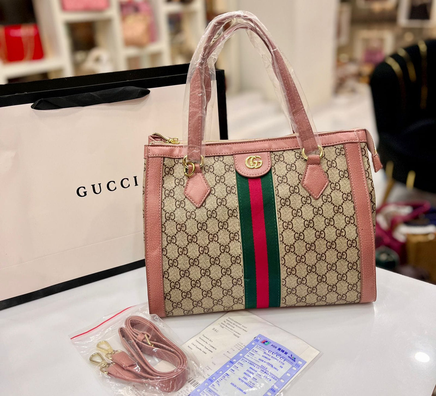 Gucci Master Quality Women's Bag with Long Belt and Brand Accessories (Pink)