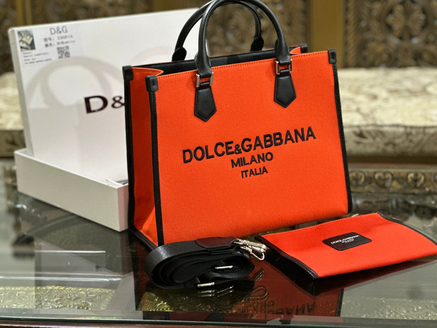 Dolce & Gabbana Women's Premium TOT Bag - Jacquard Fabric & Leather (Tangerine)