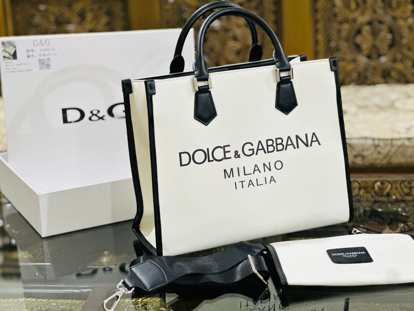 Dolce & Gabbana Women's Premium TOT Bag - Jacquard Fabric & Leather (White)