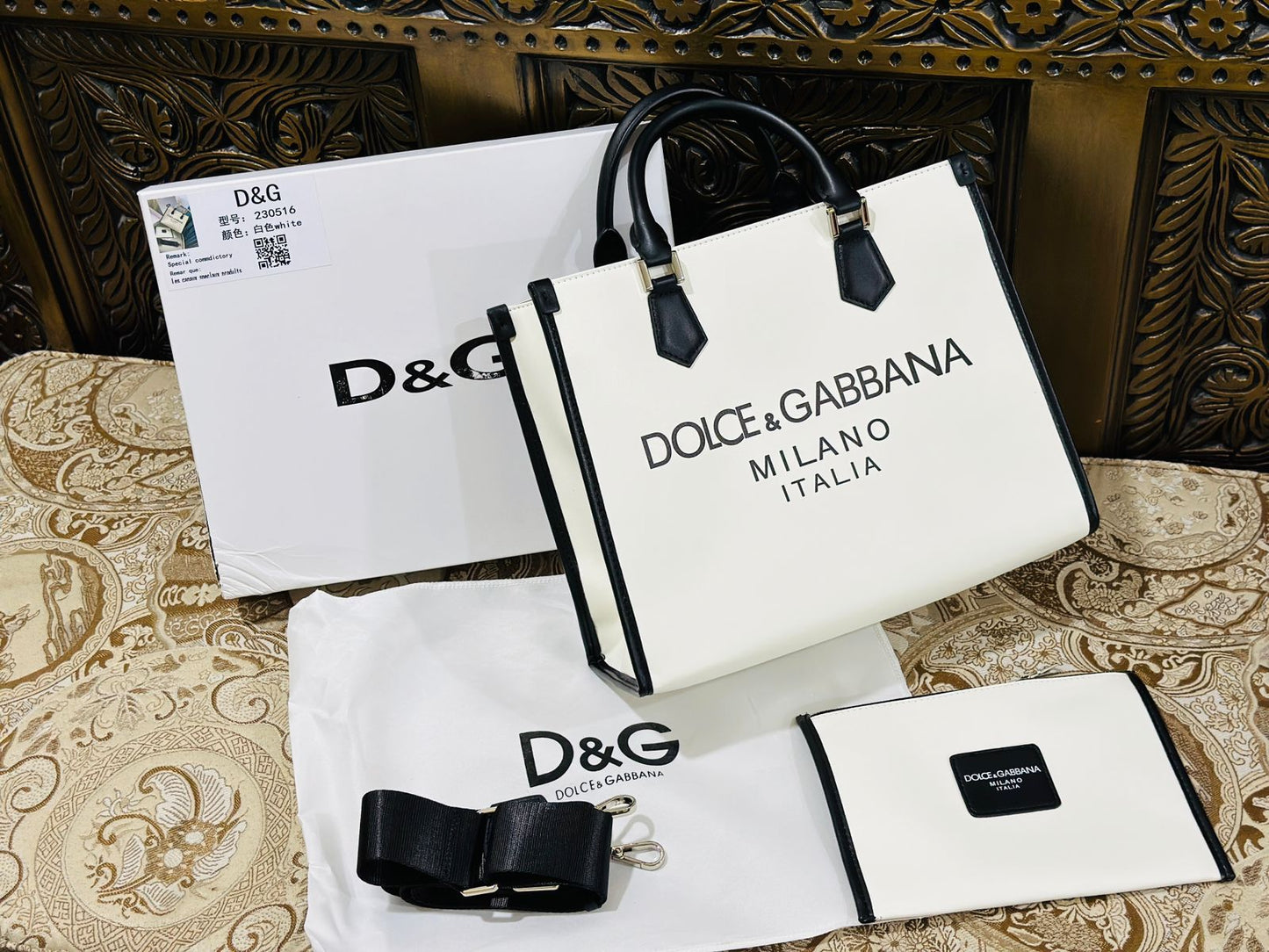 Dolce & Gabbana Women's Premium TOT Bag - Jacquard Fabric & Leather (White)