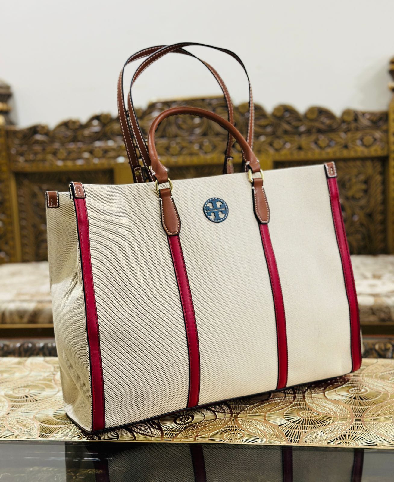 Tory Burch Premium Quality Tory Tot Bag - With Brand Dust Bag (Beige / Red)