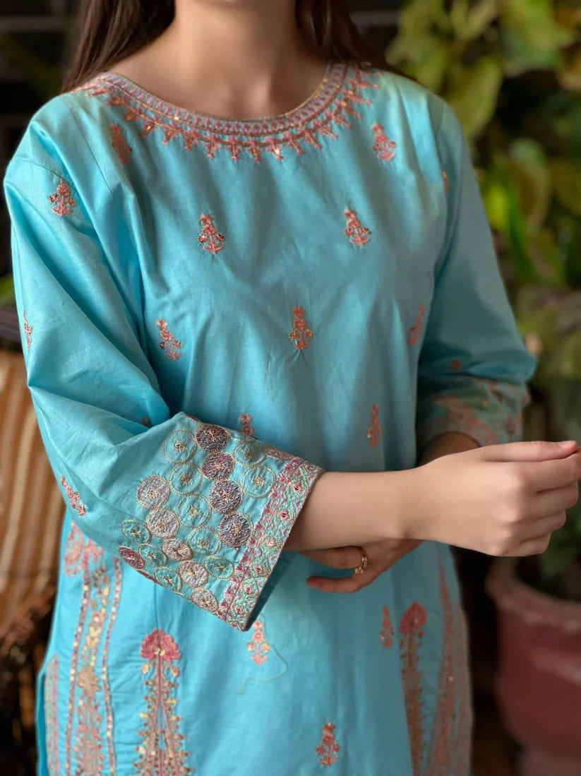 " DILARA " 2Pcs Stitched Embroidered (Firozi Blue)