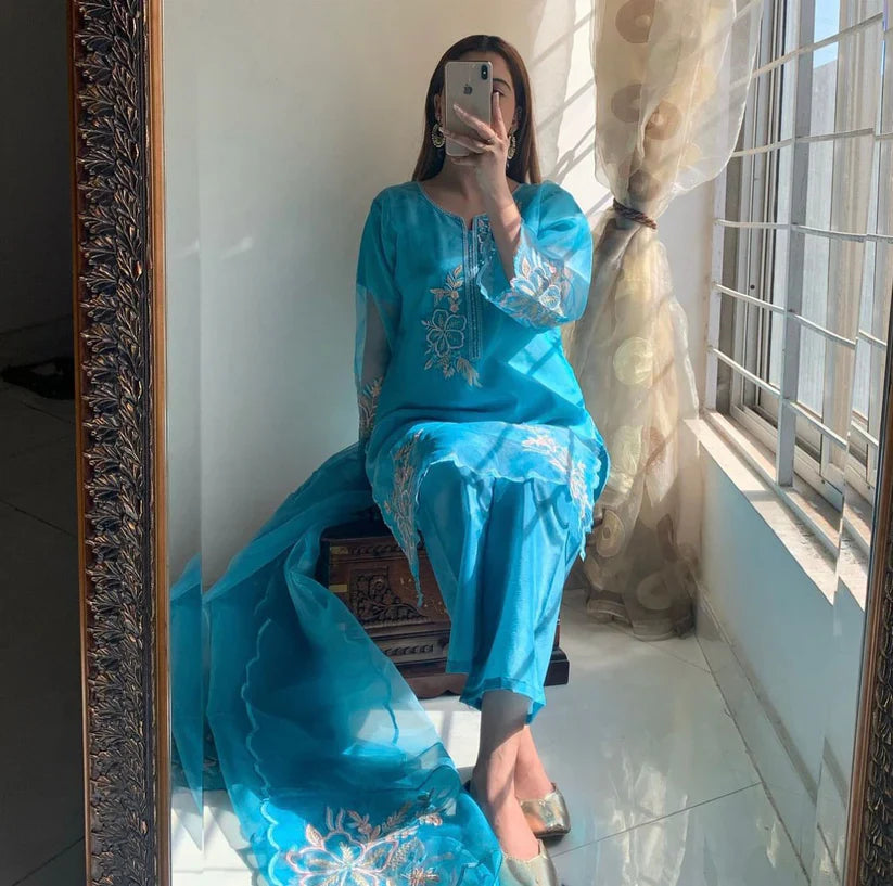 " KIRAZ " Organza Aqua 3Pcs Stitched Embroidered Suit (Aqua)