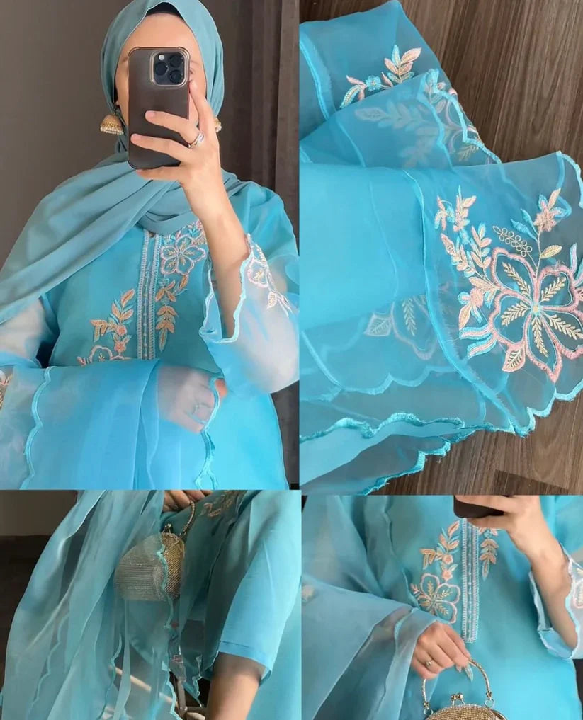 " KIRAZ " Organza Aqua 3Pcs Stitched Embroidered Suit (Aqua)