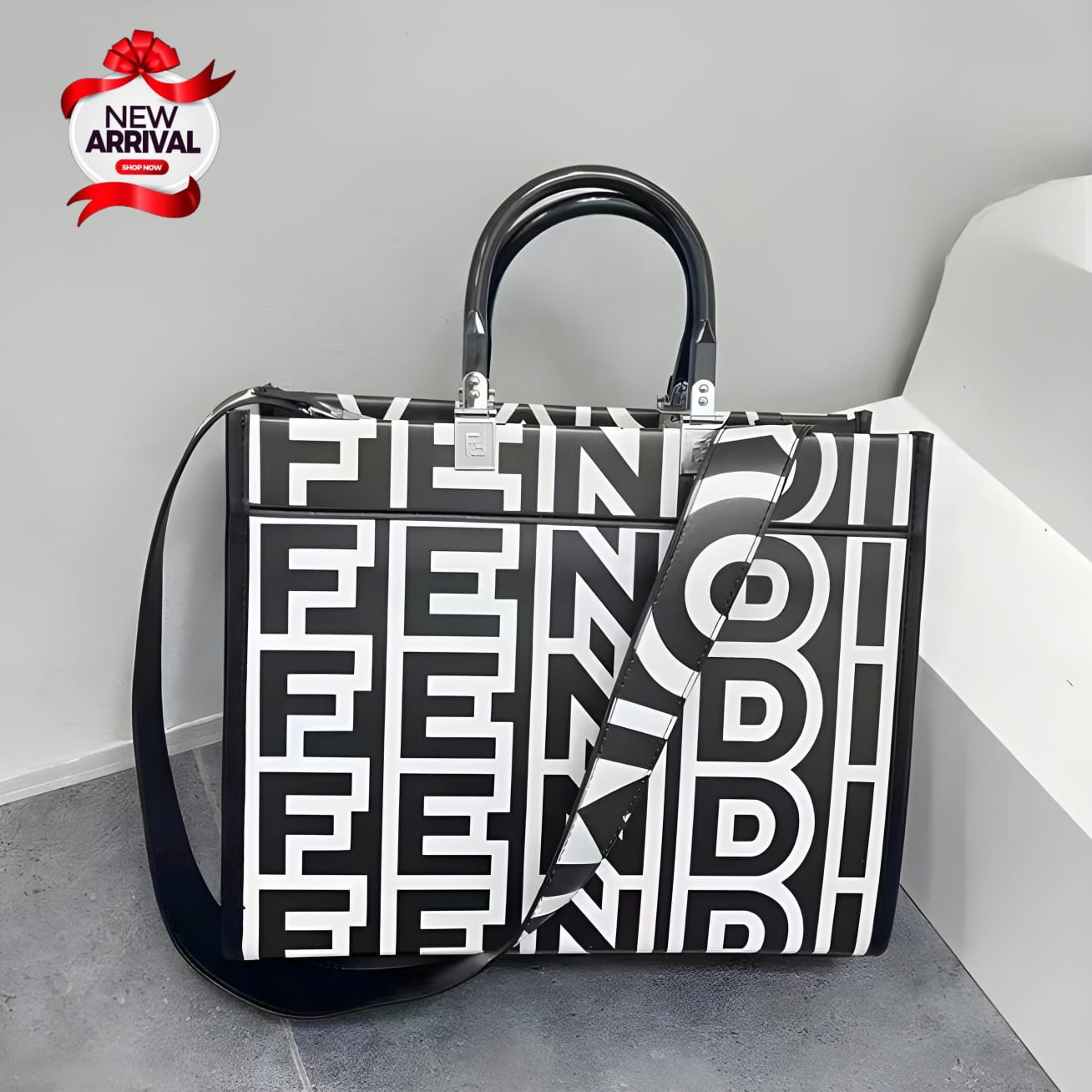 Premium Women Bag - Fendi Roma Imported Branded Shoulder Bag (Black/White)