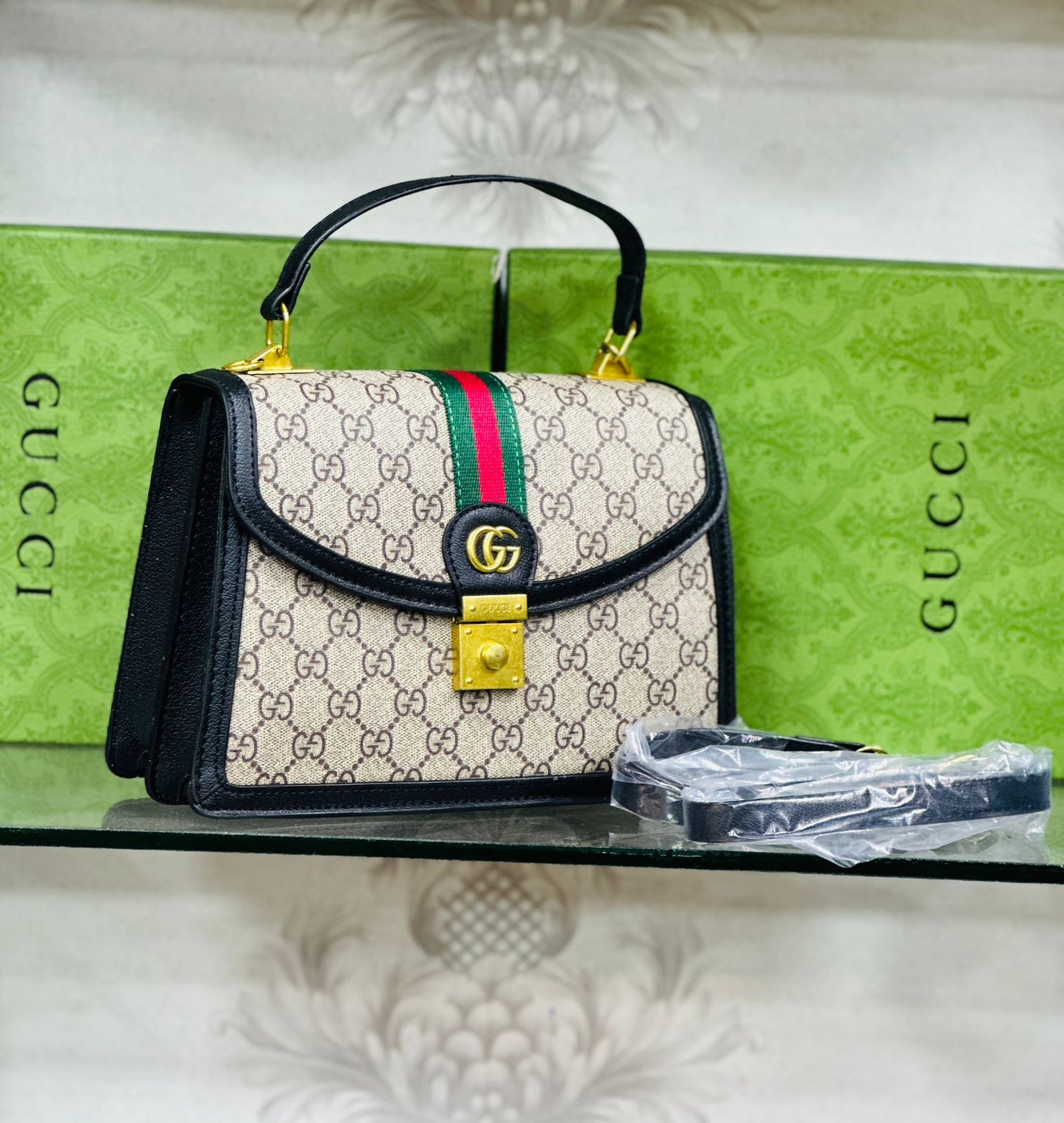 Gucci-Inspired Ophidia Bag with Long Chain and Branded Packing (Black)