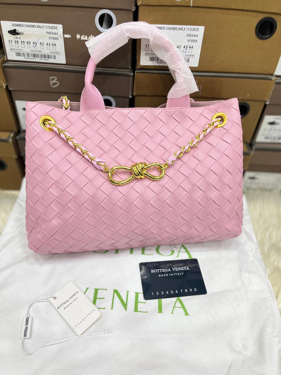 Bottega Veneta-Inspired Andiamo Leather Top Handle Bag (Pink)