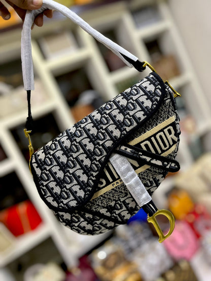 Dior-Inspired Fabric Saddle Women Bag with Brand Accessories (Black)