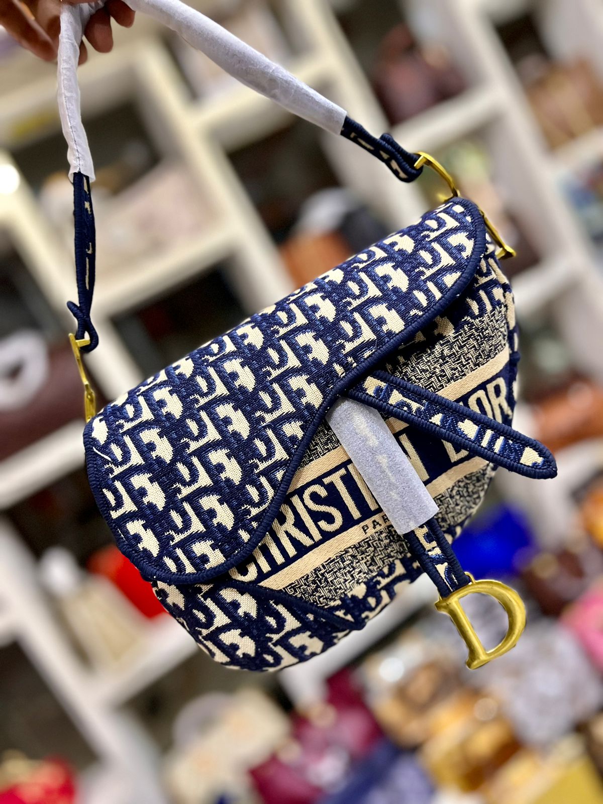 Dior-Inspired Fabric Saddle Women Bag with Brand Accessories (Navy)