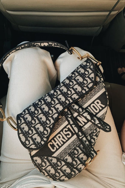 Dior-Inspired Fabric Saddle Women Bag with Brand Accessories (Black)