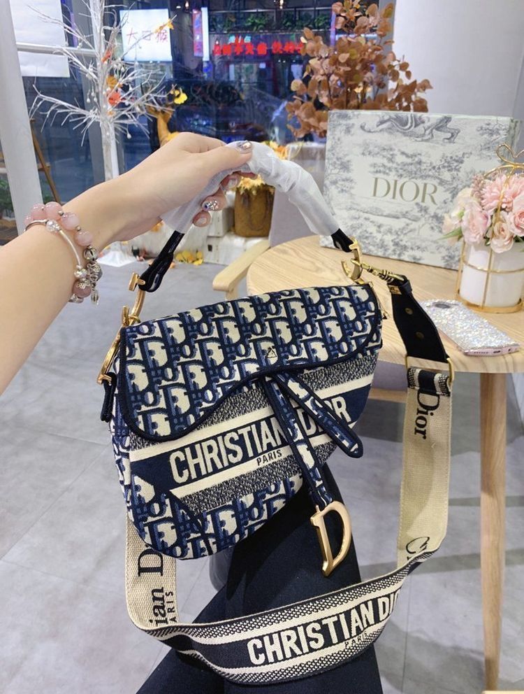 Dior-Inspired Fabric Saddle Women Bag with Brand Accessories (Navy)
