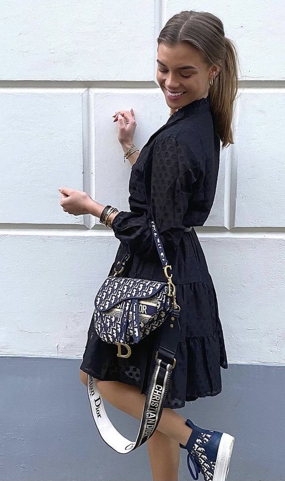 Dior-Inspired Fabric Saddle Women Bag with Brand Accessories (Navy)