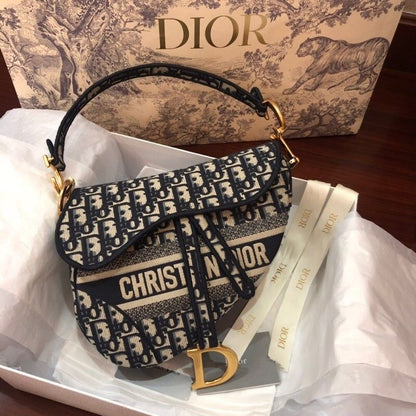 Dior-Inspired Fabric Saddle Women Bag with Brand Accessories (Black)