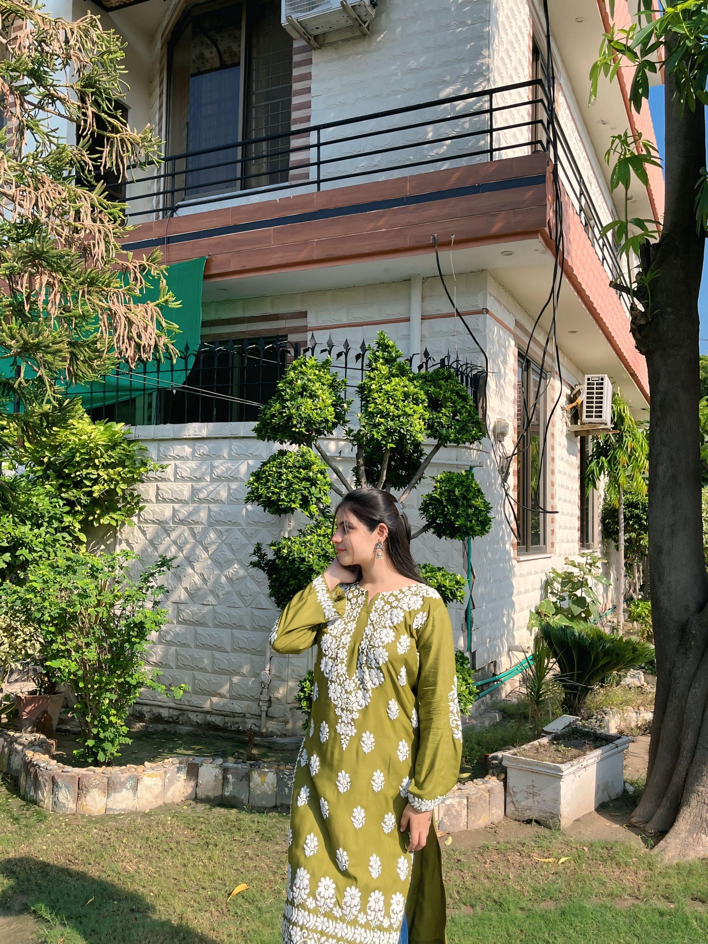 Emily Embossed Kurti (Long Shirt) (Green)