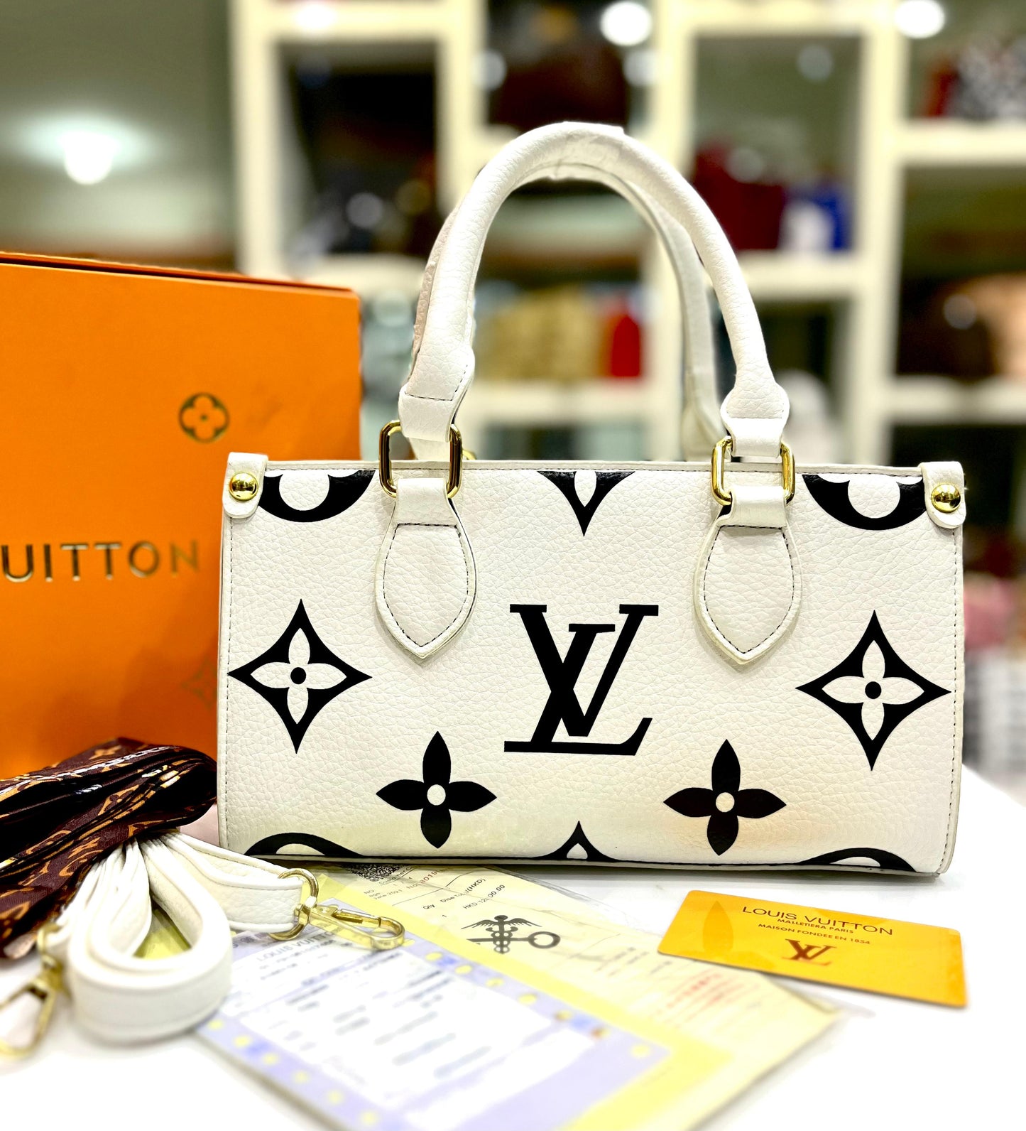 Elegant Women Bag - Louis Vuitton-Inspired Handbag with Long Belt & Brand Accessories (White)