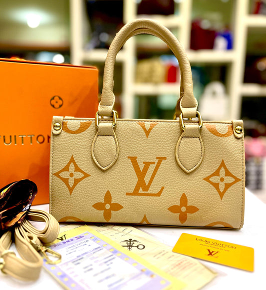 Elegant Women Bag - Louis Vuitton-Inspired Handbag with Long Belt & Brand Accessories (Beige/Mustard)