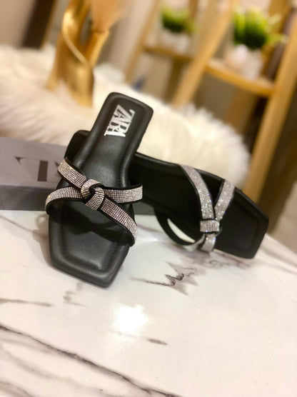 Zara Mash Tie Knotted Women Flat Slipper (Black/Silver)