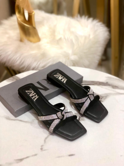 Zara Mash Tie Knotted Women Flat Slipper (Black/Silver)