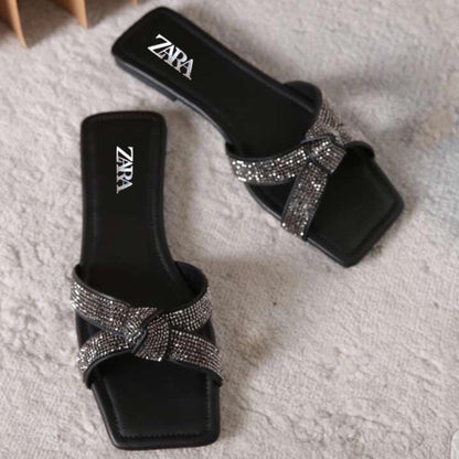 Zara Mash Tie Knotted Women Flat Slipper (Black/Silver)