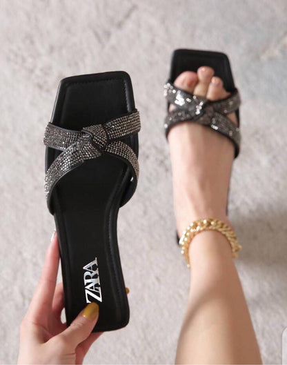 Zara Mash Tie Knotted Women Flat Slipper (Black/Silver)