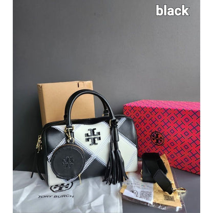 Tory Burch Two-Way Duffel Women Bag – Elegant & Versatile (Black/White)