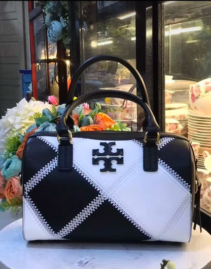 Tory Burch Two-Way Duffel Women Bag – Elegant & Versatile (Black/White)