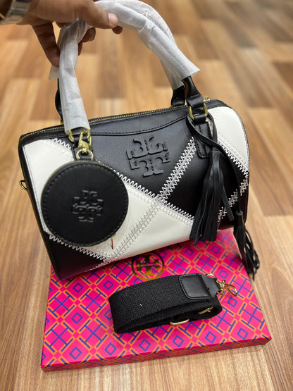 Tory Burch Two-Way Duffel Women Bag – Elegant & Versatile (Black/White)