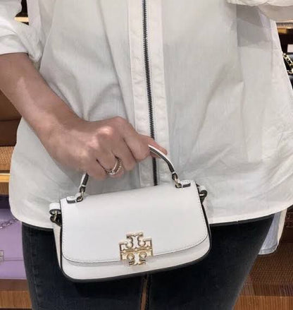 TORY BURCH — Britten Mini Top Handle Leather Bag (White)