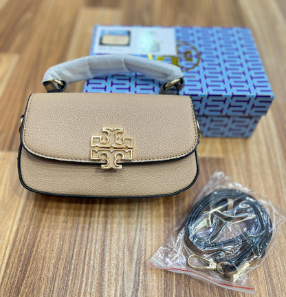 TORY BURCH — Britten Mini Top Handle Leather Bag (Beige)