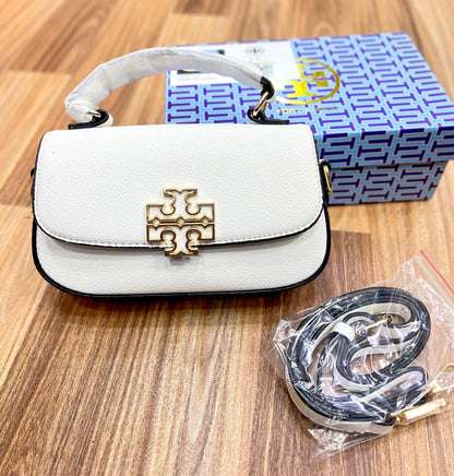 TORY BURCH — Britten Mini Top Handle Leather Bag (White)