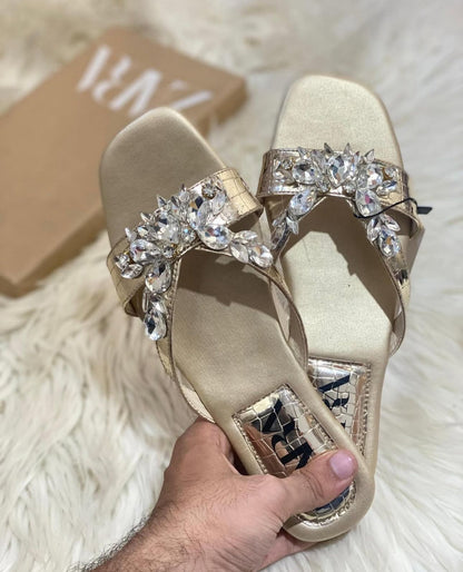 ZARA — Stone Flat Women's Slippers (With Brand Box) (Golden)