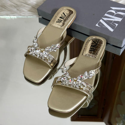 ZARA — Stone Flat Women's Slippers (With Brand Box) (Golden)