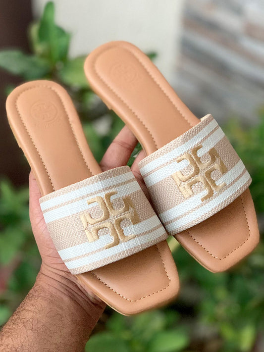 TORY BURCH — Embroidery Flat Slippers (Official Model) (Beige)