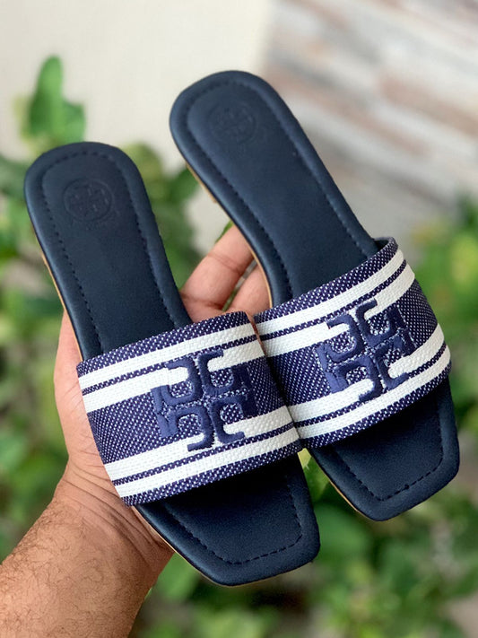 TORY BURCH — Embroidery Flat Slippers (Official Model) (Blue)