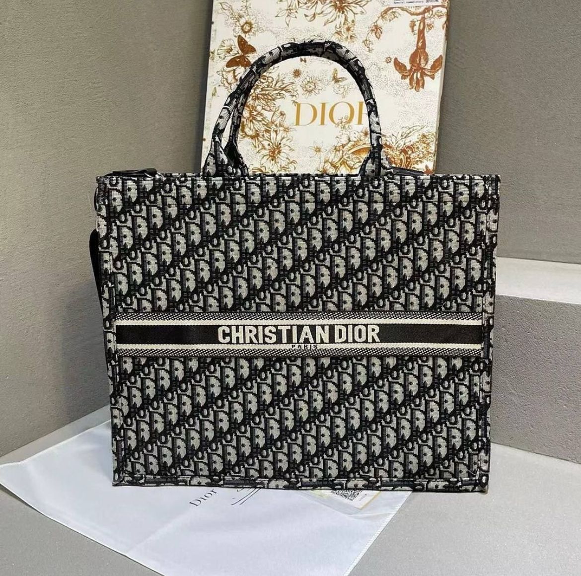 CHRISTIAN DIOR — Large Book Tote Bag (With Brand Box & Dust Bag) (Black & Grey)