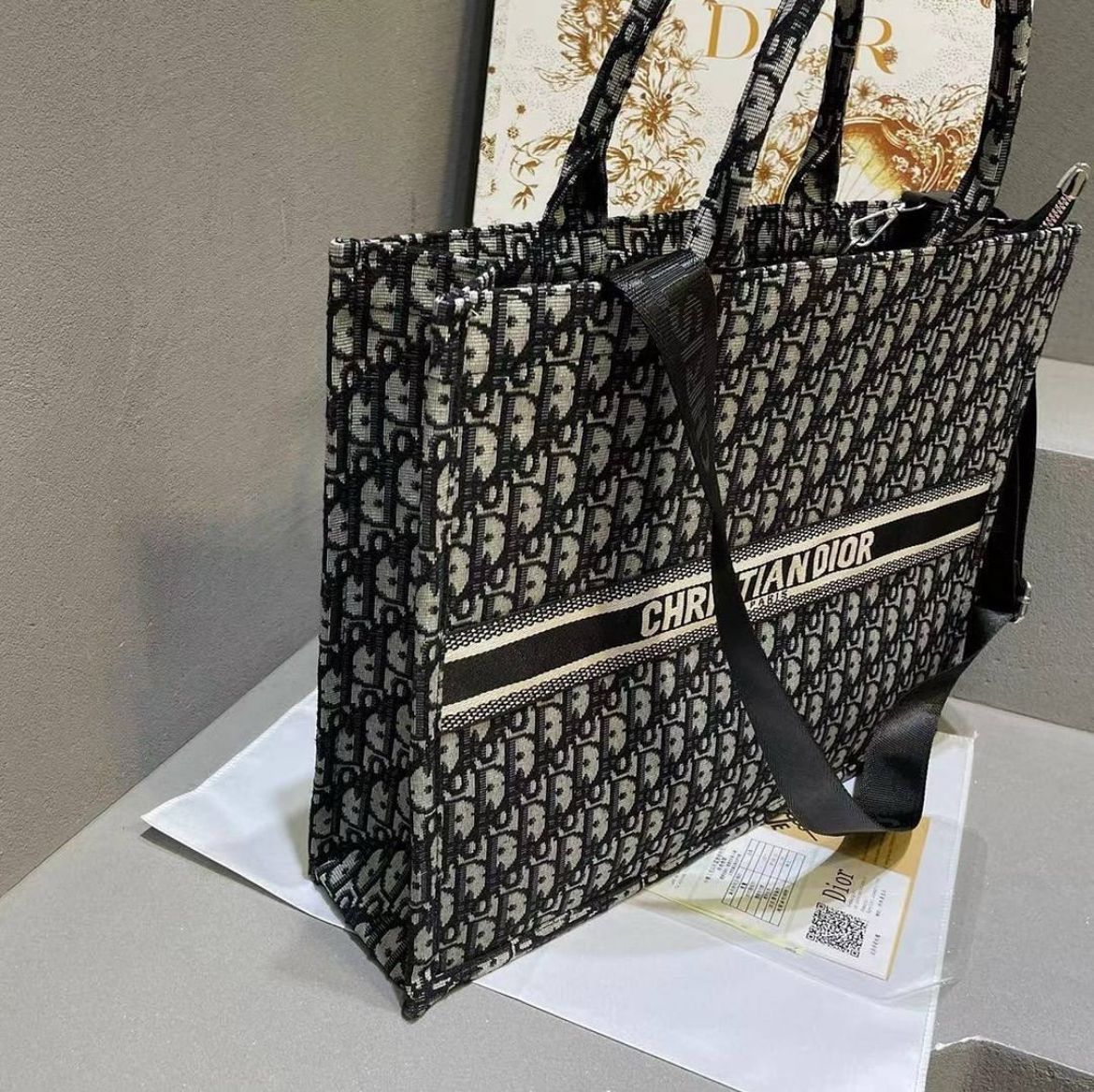 CHRISTIAN DIOR — Large Book Tote Bag (With Brand Box & Dust Bag) (Black & Grey)