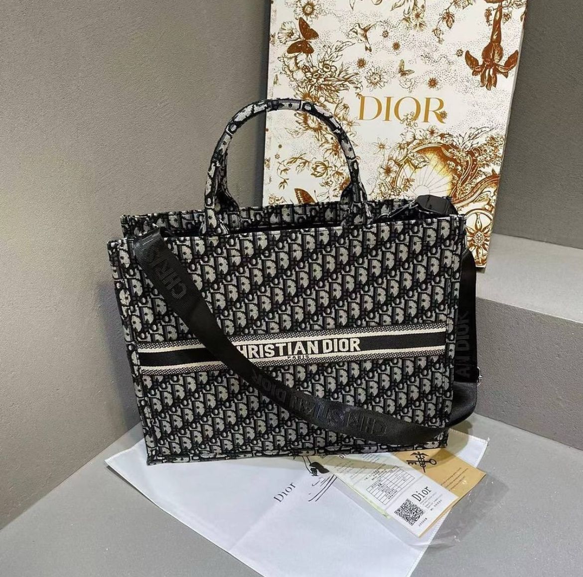 CHRISTIAN DIOR — Large Book Tote Bag (With Brand Box & Dust Bag) (Black & Grey)