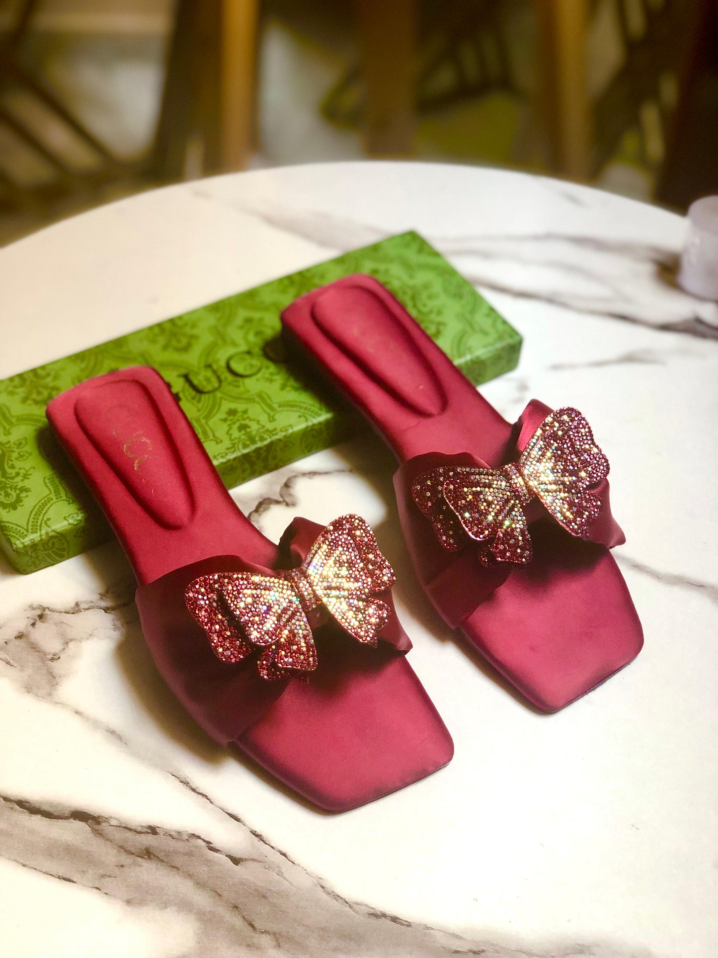 GUCCI — Butterfly 🦋 Flat Slippers (Re-Stock | With Brand Box) (Maroon)