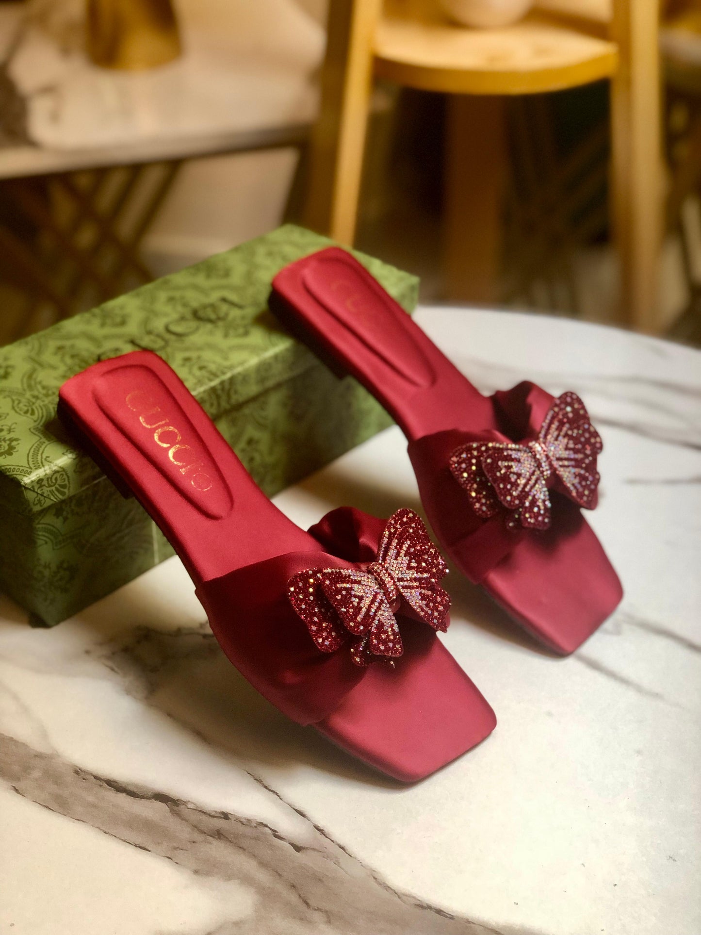GUCCI — Butterfly 🦋 Flat Slippers (Re-Stock | With Brand Box) (Maroon)