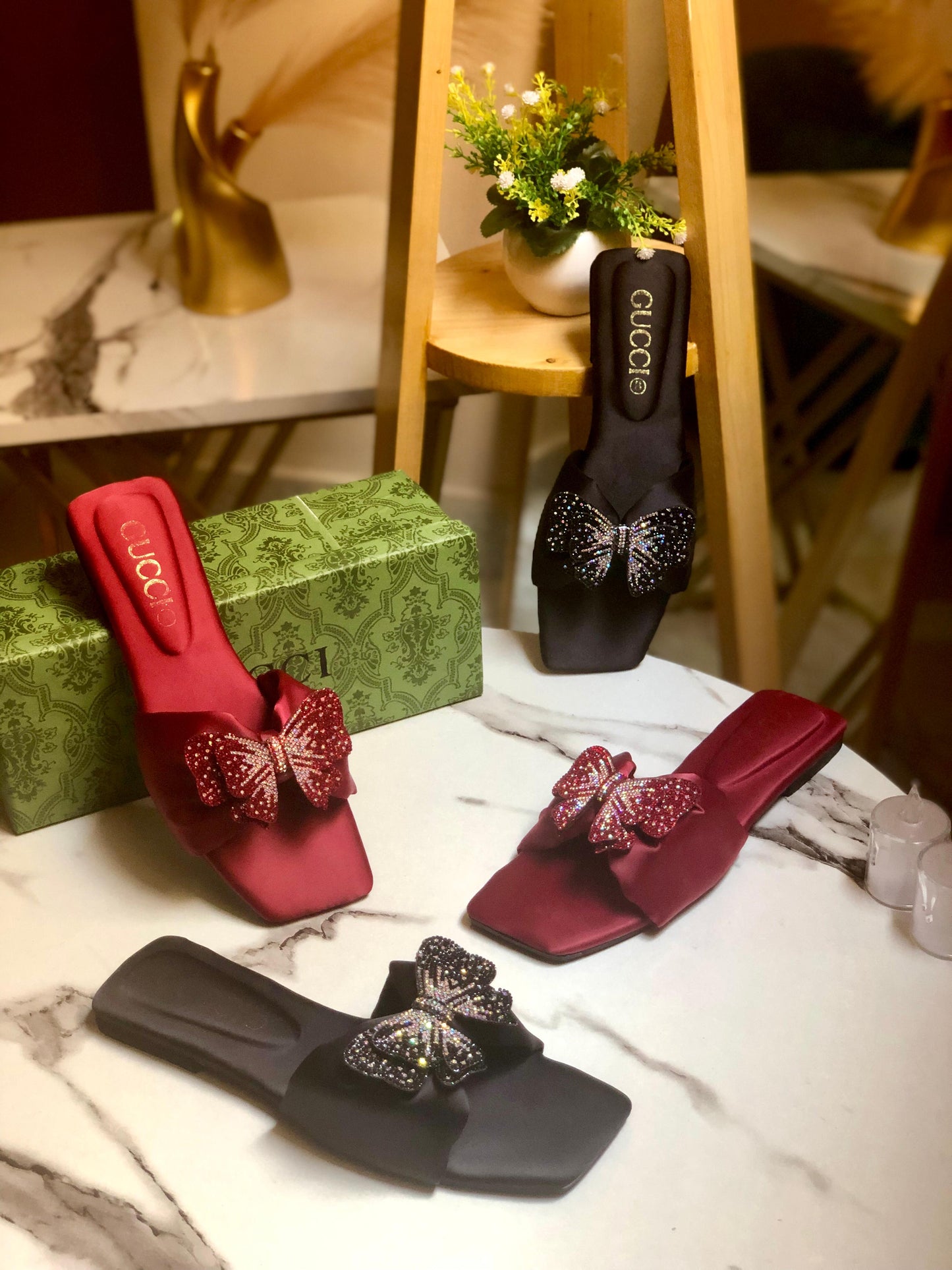 GUCCI — Butterfly 🦋 Flat Slippers (Re-Stock | With Brand Box) (Maroon)