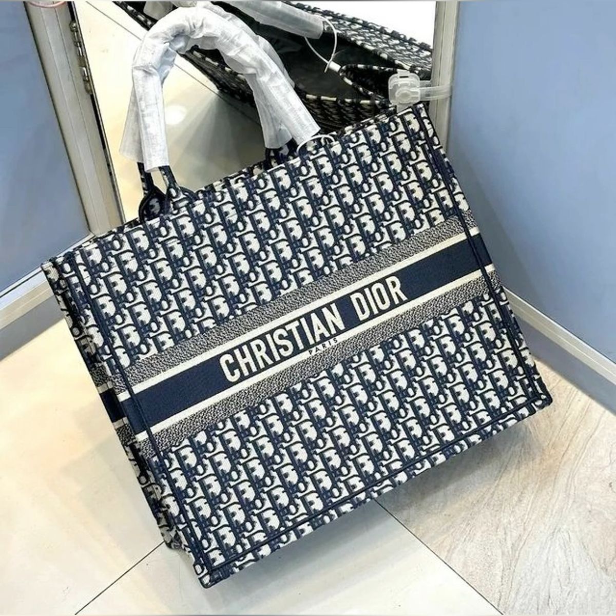 CHRISTIAN DIOR — Fully Embroidered Tote Book Bag (Master Quality | Complete Branding) (Blue)