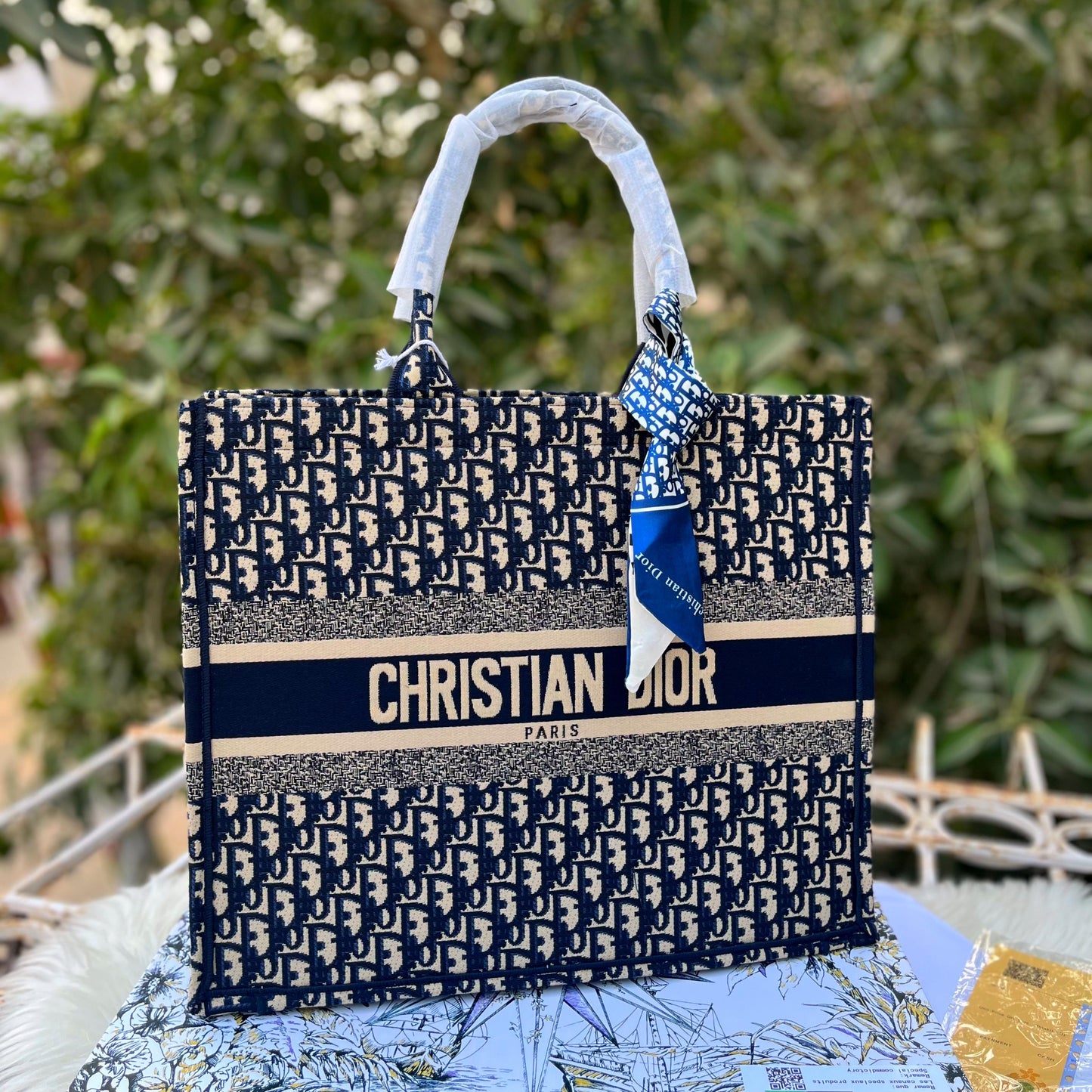 CHRISTIAN DIOR — Fully Embroidered Tote Book Bag (Master Quality | Complete Branding) (Blue)